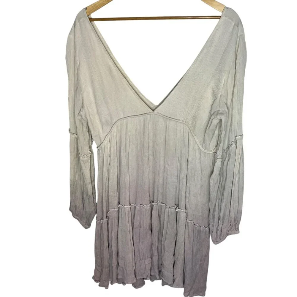 R. Vivimos Women's L Plunge Neck Tiered Tunic Dress Light Gray Angelic Fairycore